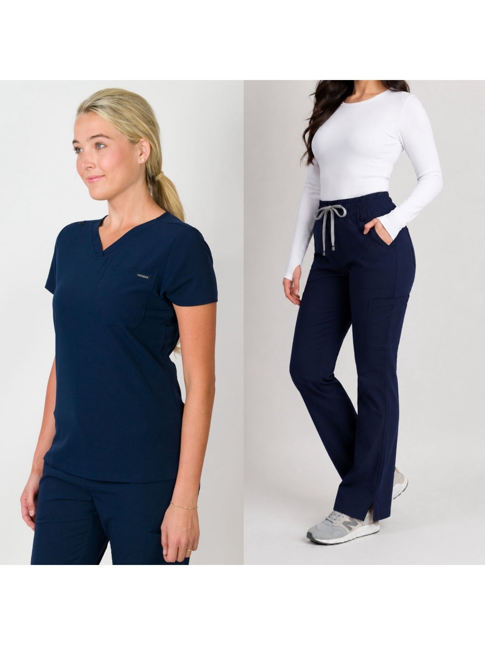 Medgear Sydney High Waisted Flare Scrub Pants and Camila slim scrub top Indigo